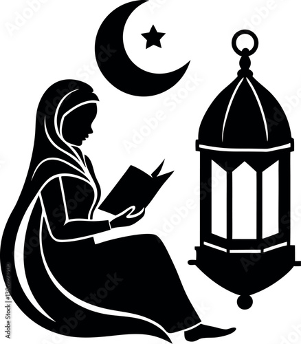 Muslim Woman Reading Quran Under Crescent Moon with Lantern - Islamic Spiritual Silhouette
