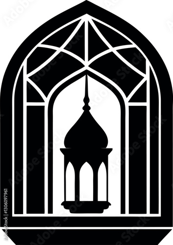 Islamic Arch Window with Hanging Lantern Silhouette - Ramadan Decoration Vector