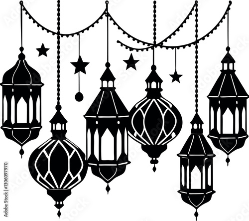 Islamic Hanging Lanterns Silhouette - Ramadan and Eid Decorative Vector