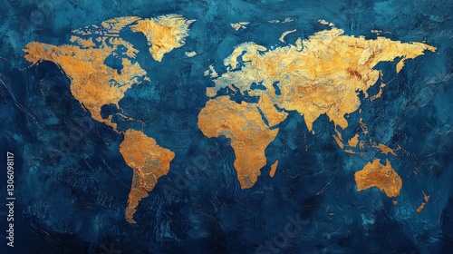Detailed Golden World Map Illustration Showcasing Countries with Textured Blue Background - Ideal for Educational or Artistic Purposes