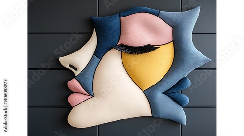 Abstract face artwork modern gallery sculpture indoor space side perspective artistic expression photo