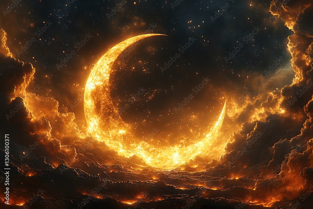 Fototapeta premium Fiery Crescent Moon Glowing in a Starry Night Sky with Dark Clouds