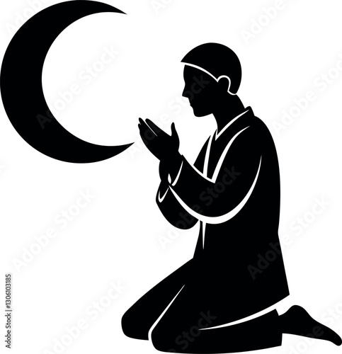 Islamic Prayer Silhouette of a Muslim Man Praying Under Crescent Moon - Worship and Devotion