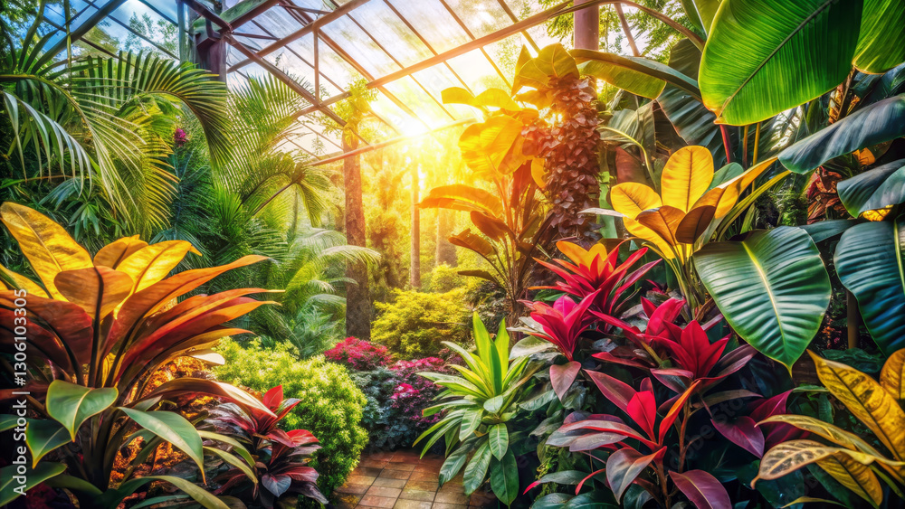 Obraz premium lush indoor garden filled with vibrant tropical plants, sunlight streaming through glass panels, creating warm and inviting atmosphere