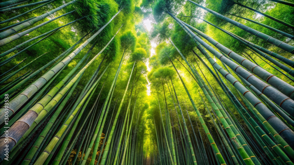 Lush bamboo forest with tall green stalks reaching towards sky, creating serene and tranquil atmosphere. Sunlight filters through leaves, enhancing vibrant greenery Lush bamboo forest with tall green stalks reaching towards sky, creating serene and tranquil atmosphere. Sunlight filters through leaves, enhancing vibrant greenery