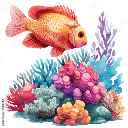 A tropical fish swimming in a coral reef cartoon style watercolor
