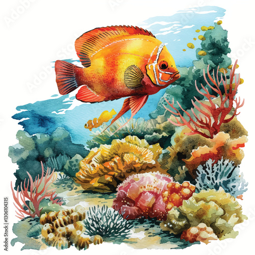 Photography A tropical fish swimming in a coral reef cartoon style watercolor