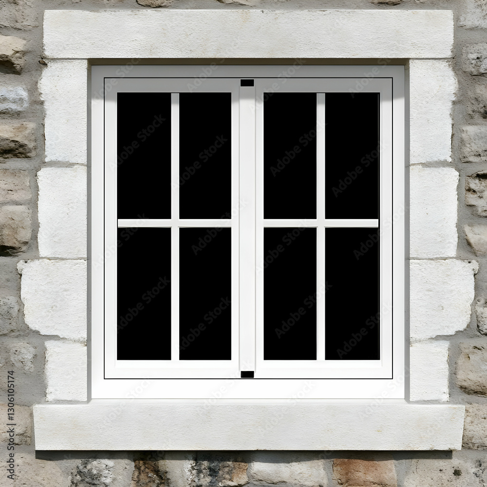 Fototapeta premium Architectural Photo Of A White Window Frame Set In A Rough Stone Wall