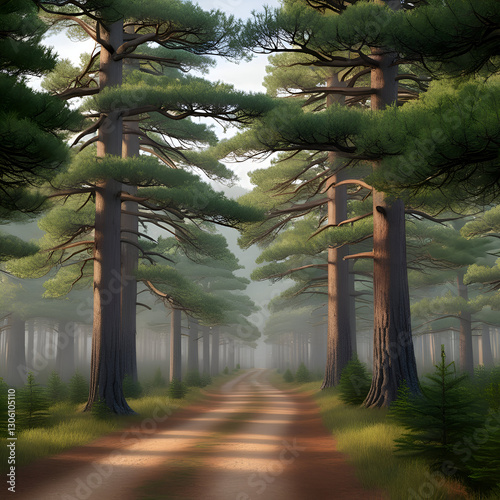 Lush Greenery and Towering Pines in a Serene Forest