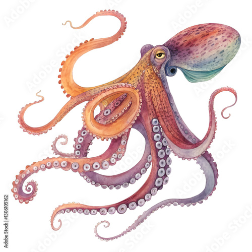 Vibrant Watercolor Octopus Illustration Art Print, Detailed Ocean Creature Painting, Eight Arms, Colorful Invertebrate Artwork