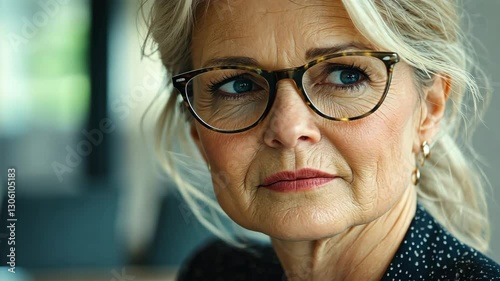 Thoughtful Woman with Glasses in Professional Indoor Setting