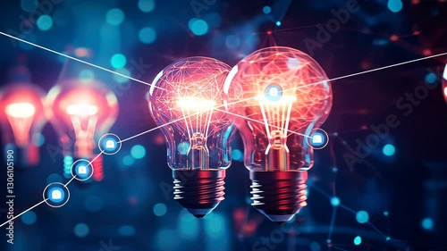 Futuristic Light Bulbs Illuminating in a Digital Space
