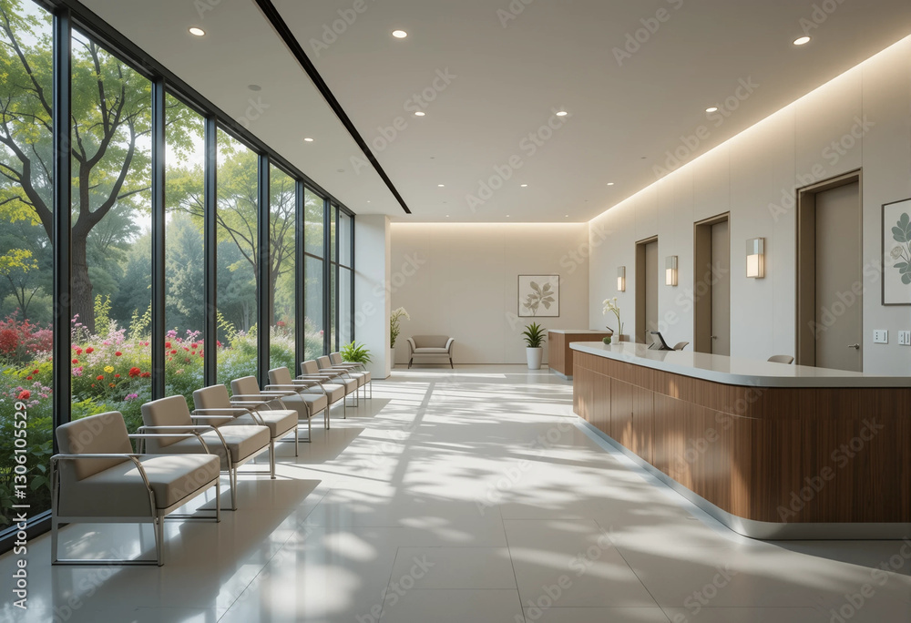 Fototapeta premium A large, open lobby with a few chairs and a potted plant