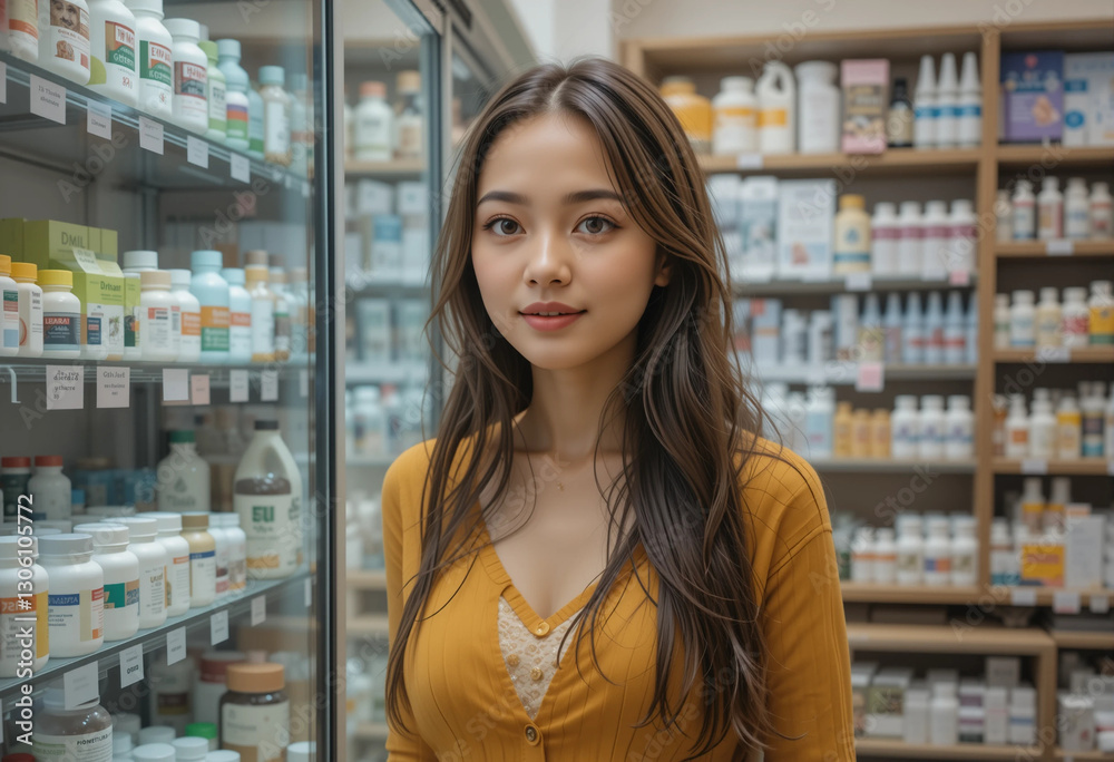 A woman stands in front of a pharmacy with a smile on her face A woman stands in front of a pharmacy with a smile on her face