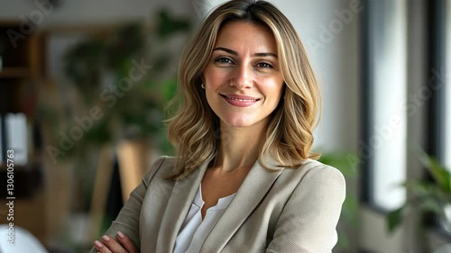 Confident Businesswoman Smiling in Modern Office Environment