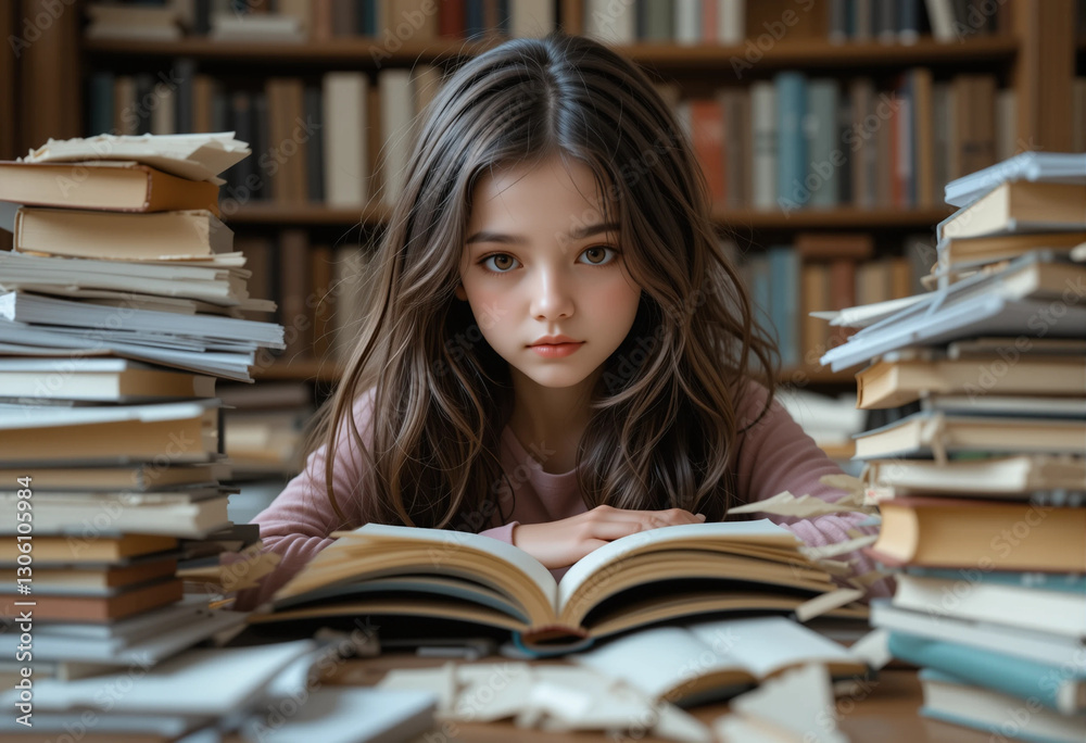 A young girl is sitting in front of a pile of books A young girl is sitting in front of a pile of books
