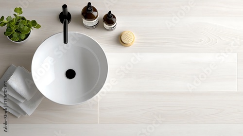 Overhead View of Modern Minimalist Bathroom with White Sink and Light Wood Floor Tiles