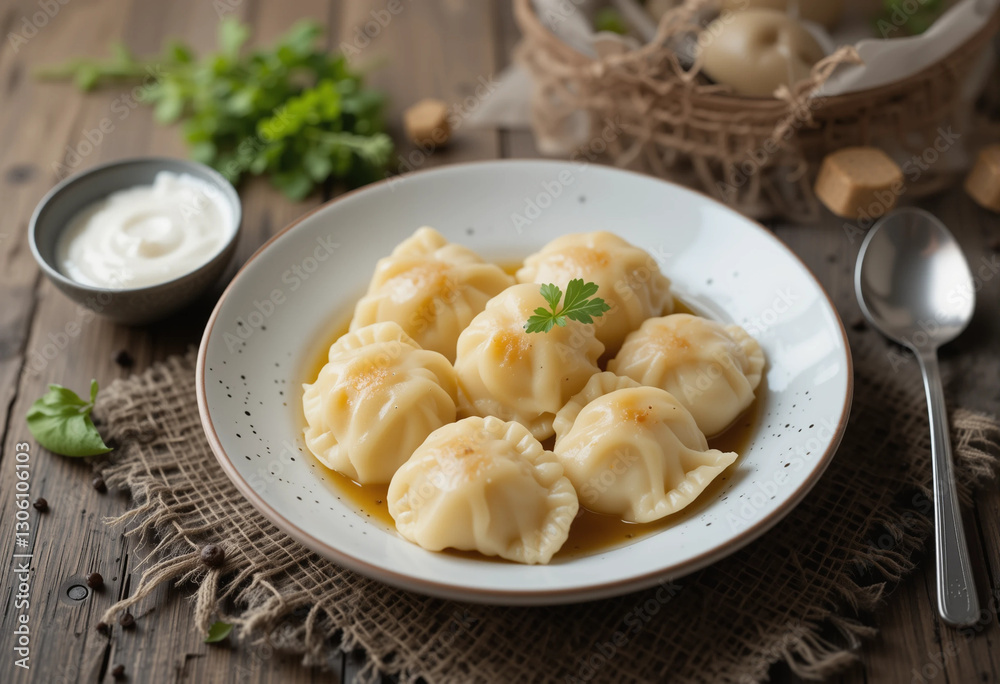 A plate of dumplings with parsley on top sits on a table A plate of dumplings with parsley on top sits on a table
