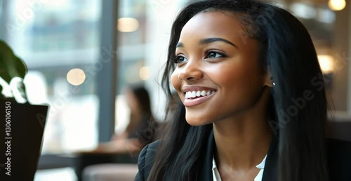 Bright Smiling Woman in Modern Cafe with Natural Light