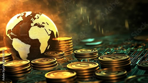 Global Finance Technology Concept with Coins and Digital Globe