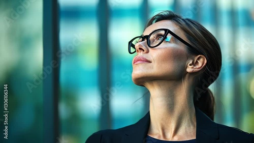Thoughtful Businesswoman in Glasses Looking Upward Outdoors