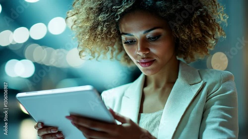 Woman Using Tablet in Stylish Office Environment with Soft Lighting
