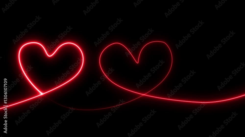 Red color neon glowing Two love hearts. Love One line drawing icon. love heart symbol. Red color neon glowing Two love hearts. Love One line drawing icon. love heart symbol.