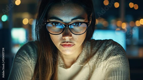 Focused Woman Working on Computer in Modern Office Environment