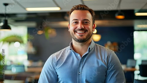 Joyful man in blue shirt smiling indoors in a modern cafe setting