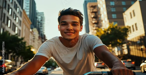 Young Man Riding Bicycle in City During Golden Hour Sunlight