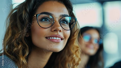 Joyful Woman with Glasses in Modern Learning Environment