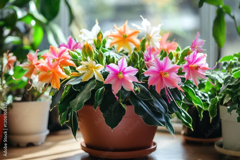 custom made wallpaper toronto digitalA lively image of a Schlumbergera plant in a pot, with beautiful flowers of varying colors blooming and adding vibrancy to the space.