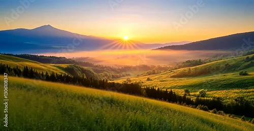 Serene Mountain Landscape at Sunrise with Lush Green Hills