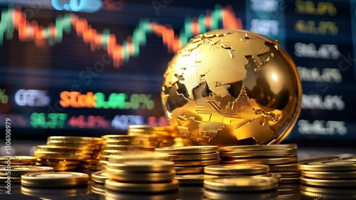 Golden Egg on Coins with Stock Market Background and Charts