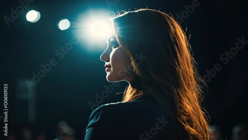 Confident Woman Spotlighted on Stage with Audience in Background