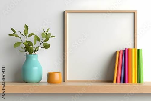 Modern 3D Illustration of a Shelf with Frame, Vase, and Books