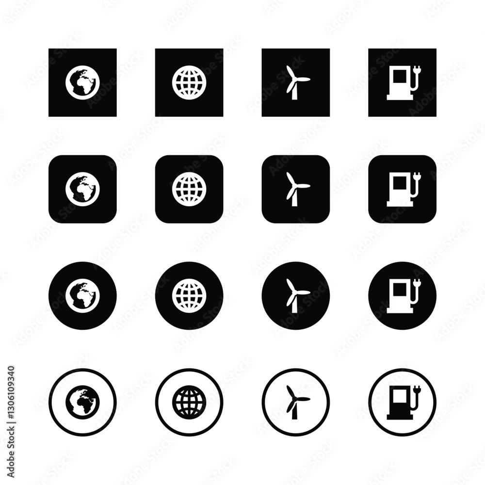 icons, environmental symbols, globe, earth, wind turbine, electric vehicle charging station, black and white, minimalist design, simple shapes, graphic design, sustainability icons, energy efficiency icons, environmental symbols, globe, earth, wind turbine, electric vehicle charging station, black and white, minimalist design, simple shapes, graphic design, sustainability icons, energy efficiency