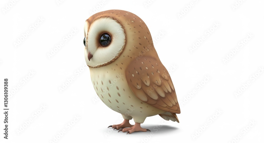 Obraz premium Cute cartoon barn owl standing on a white background, showcasing its large eyes and detailed feathers