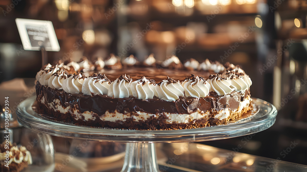 Whole Mississippi Mud Pie Displayed in Glass Case at Dessert Shop with Cream and Chocolate Swirls