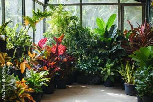 A lush indoor greenhouse environment with Croton plants arranged alongside other exotic tropical houseplants.