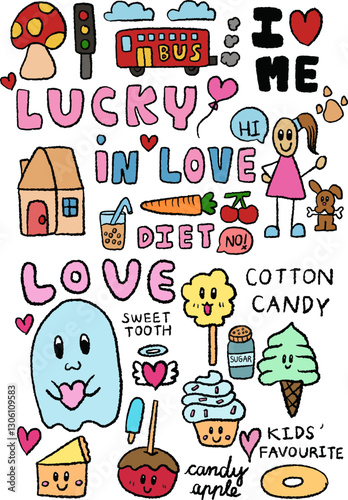 Hand drawn cute illustrations of bus, mushroom, street lights, home, girl, puppy, ice cream cone, carrot, cherry, ice milk tea, cotton candy, ghost, candy apple, cake, donut, sugar, heart balloon