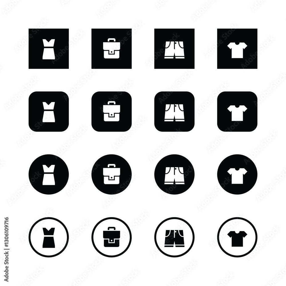 Minimalist icons, fashion and clothing symbols, black and white design, square icons, circular icons, dress icon, briefcase icon, shorts icon, t-shirt icon, simple shapes, geometric patterns. Minimalist icons, fashion and clothing symbols, black and white design, square icons, circular icons, dress icon, briefcase icon, shorts icon, t-shirt icon, simple shapes, geometric patterns.