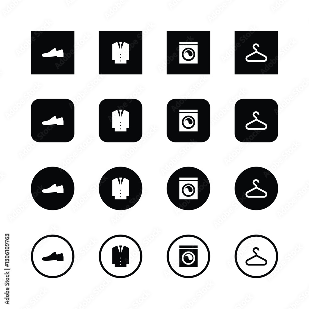 Minimalist laundry icons, black and white, simple shapes, shoe icon, suit icon, washing machine icon, hanger icon, square icons, round icons, outlined icons, graphic design, vector style, clean layout Minimalist laundry icons, black and white, simple shapes, shoe icon, suit icon, washing machine icon, hanger icon, square icons, round icons, outlined icons, graphic design, vector style, clean layout