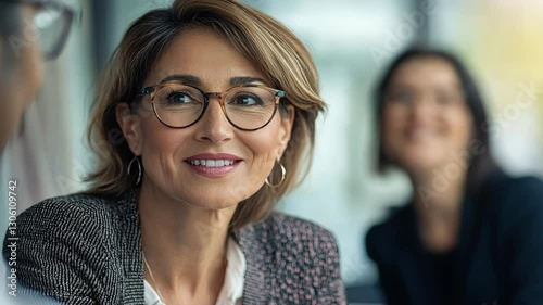 Engaged Woman with Glasses in Modern Office Meeting Setting