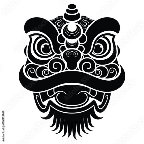 Chinese Lion Dance Mask Silhouette, Vector, Icon, Logo, White Background.