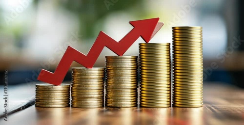 Growth Trend with Stacked Coins and Rising Arrow Indicator