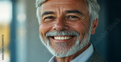 Professional Older Man Smiling with Gray Hair in Bright Environment