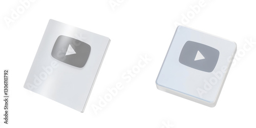 Silver and white YouTube play buttons displayed on a plain background