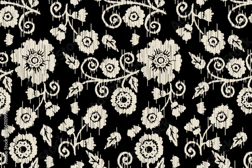 Ikat floral paisley embroidery seamless pattern on background. Ikat ethnic flower oriental pattern traditional. Aztec style abstract vector illustration. design for ikat floral fashion fabric,clothing