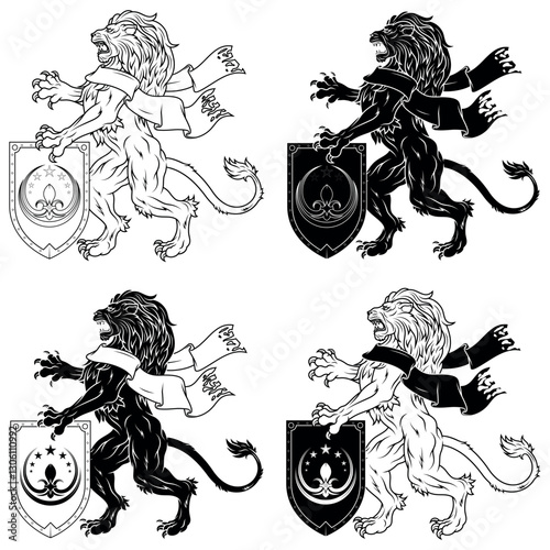 Rampant lion with ribbon and medieval shield